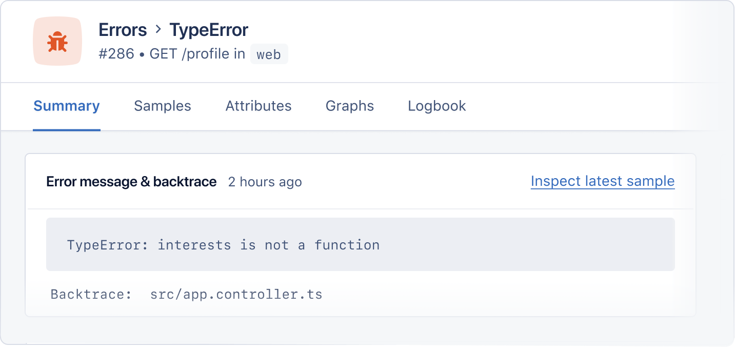 Screenshot of Nest.js error incident in Appsignal.