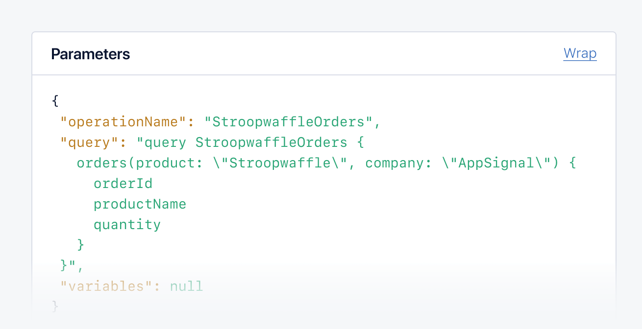 Screenshot of GraphQL query parameters shown for performance incident in AppSignal.
