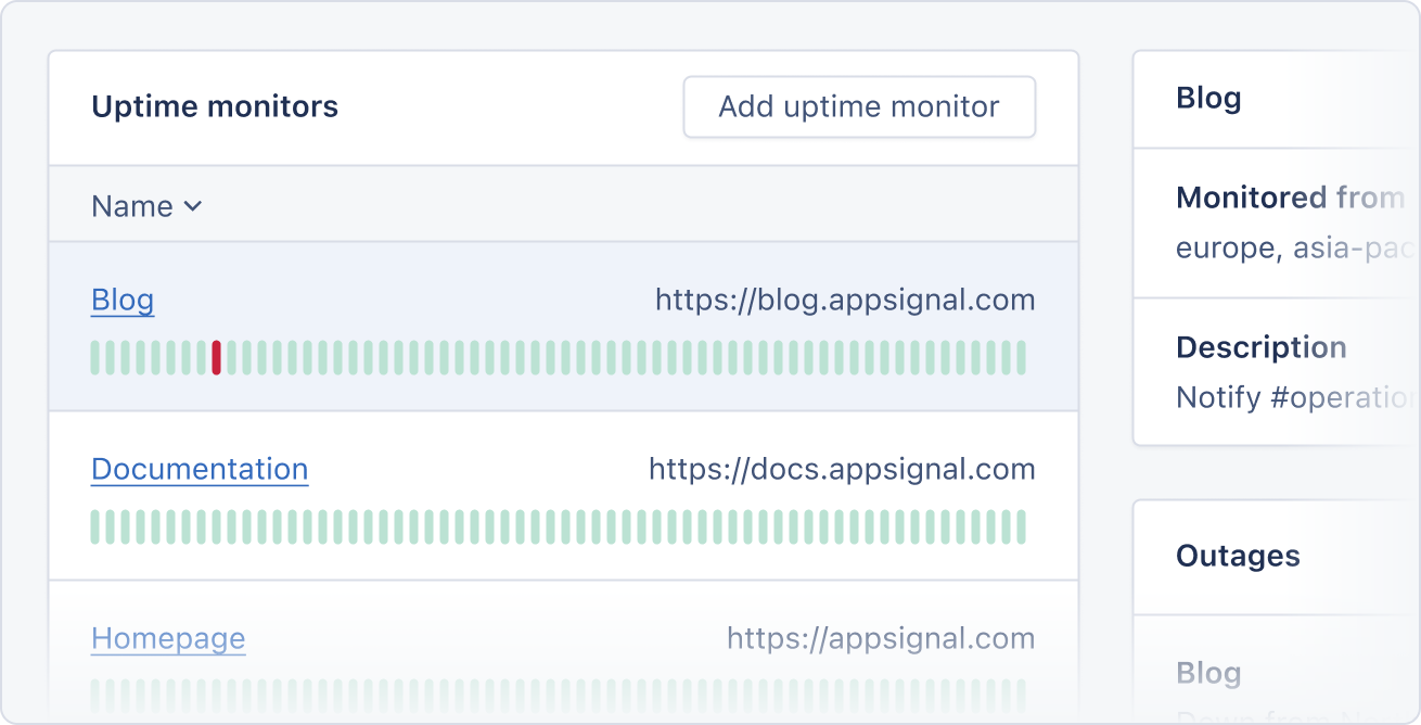 Screenshot of AppSignal uptime monitoring.