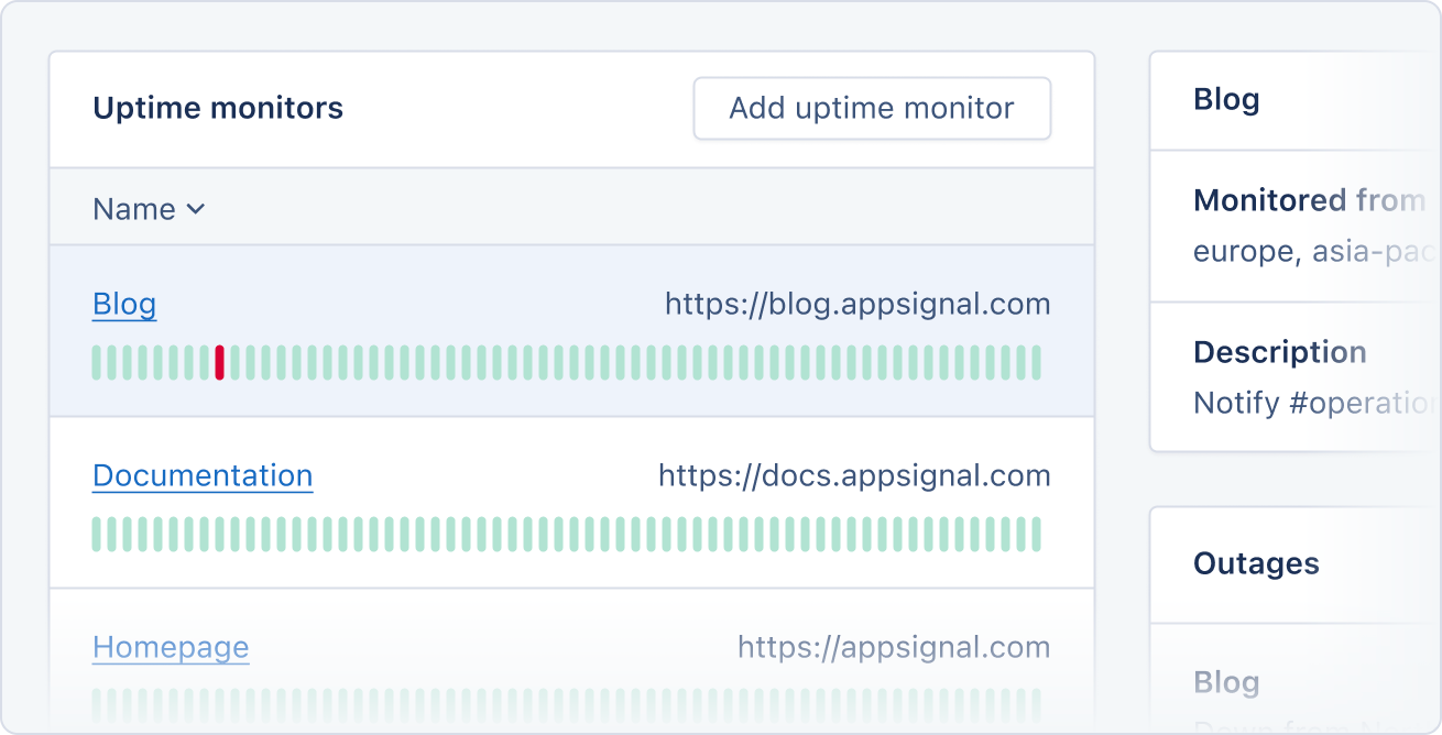Screenshot of AppSignal uptime monitoring.