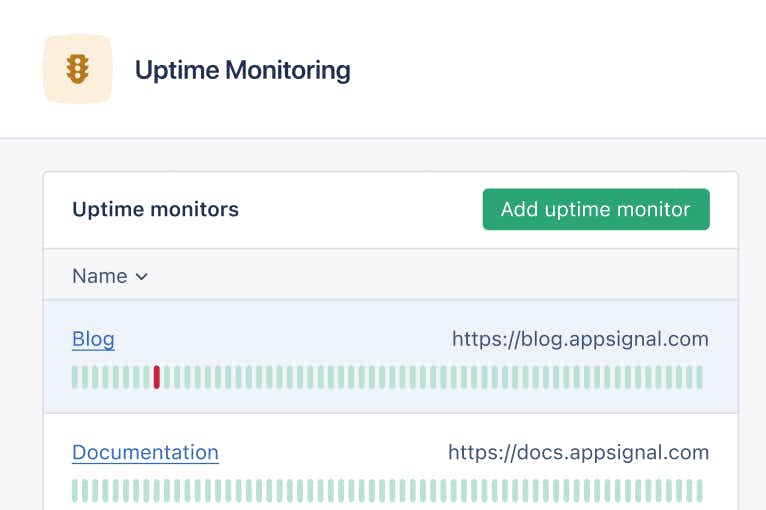 Screenshot of the uptime monitoring feature of AppSignal APM