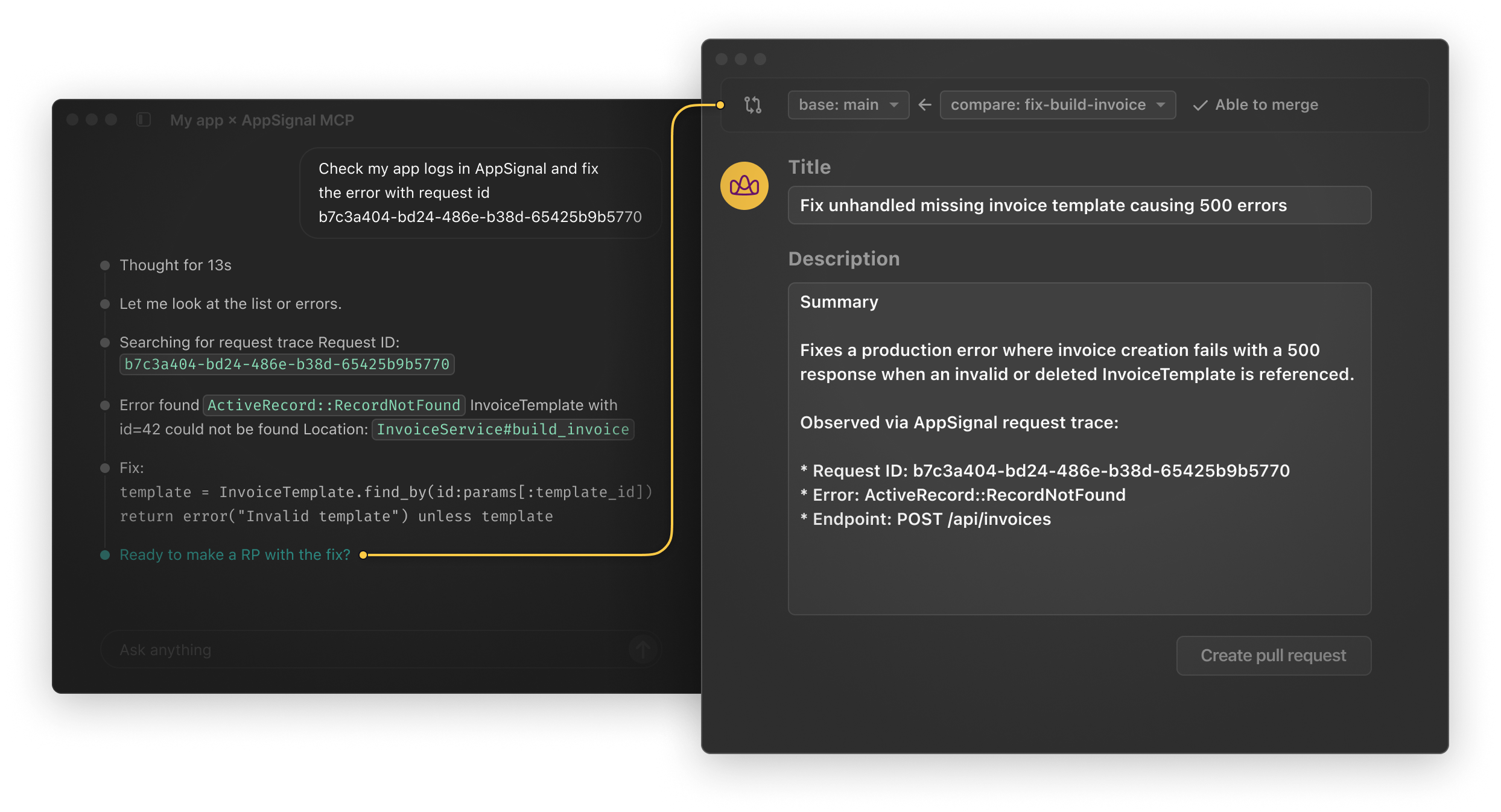 AppSignal AI-assisted fix workflow showing an error with a proposed code fix