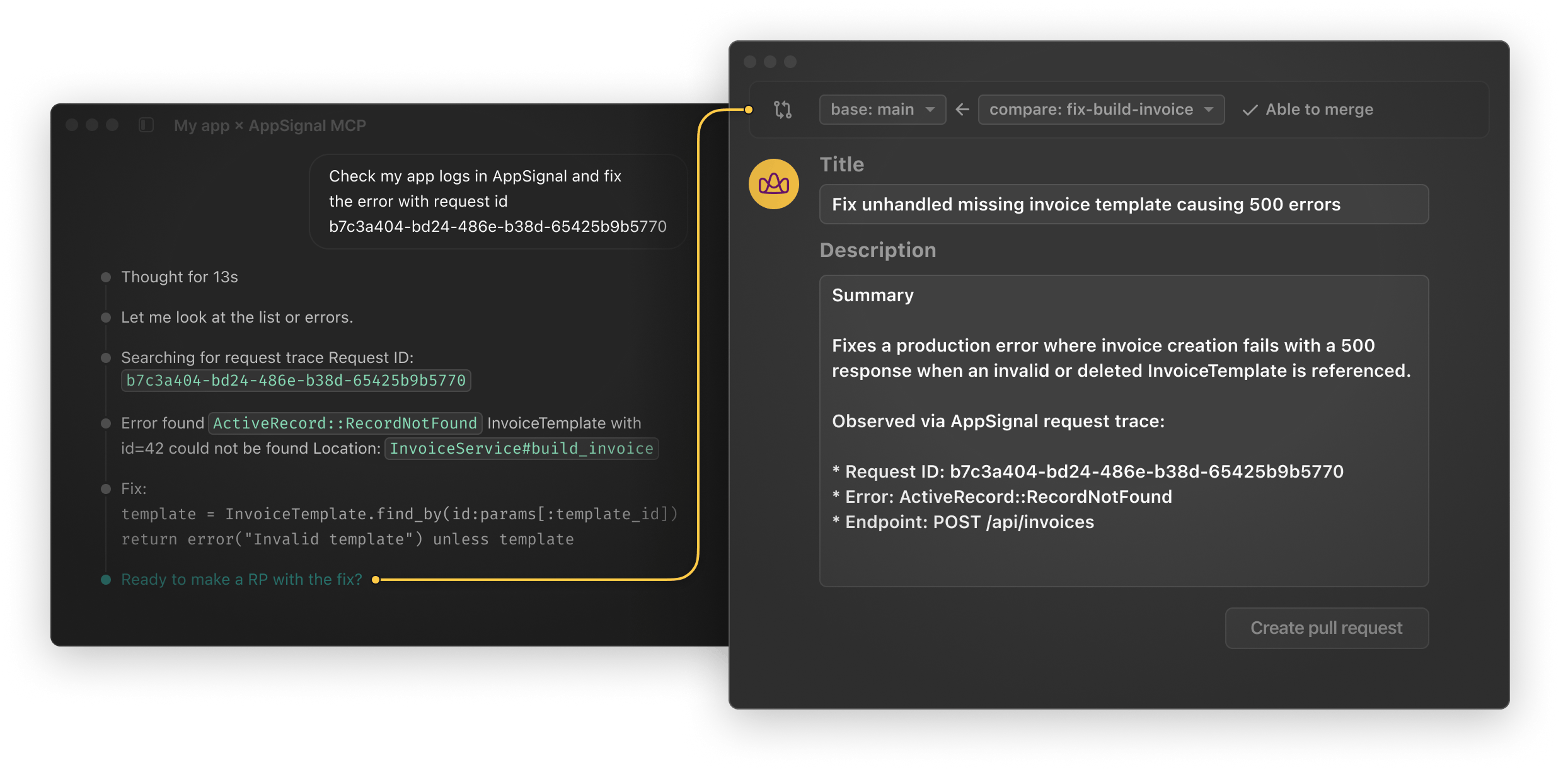 AppSignal AI-assisted fix workflow showing an error with a proposed code fix