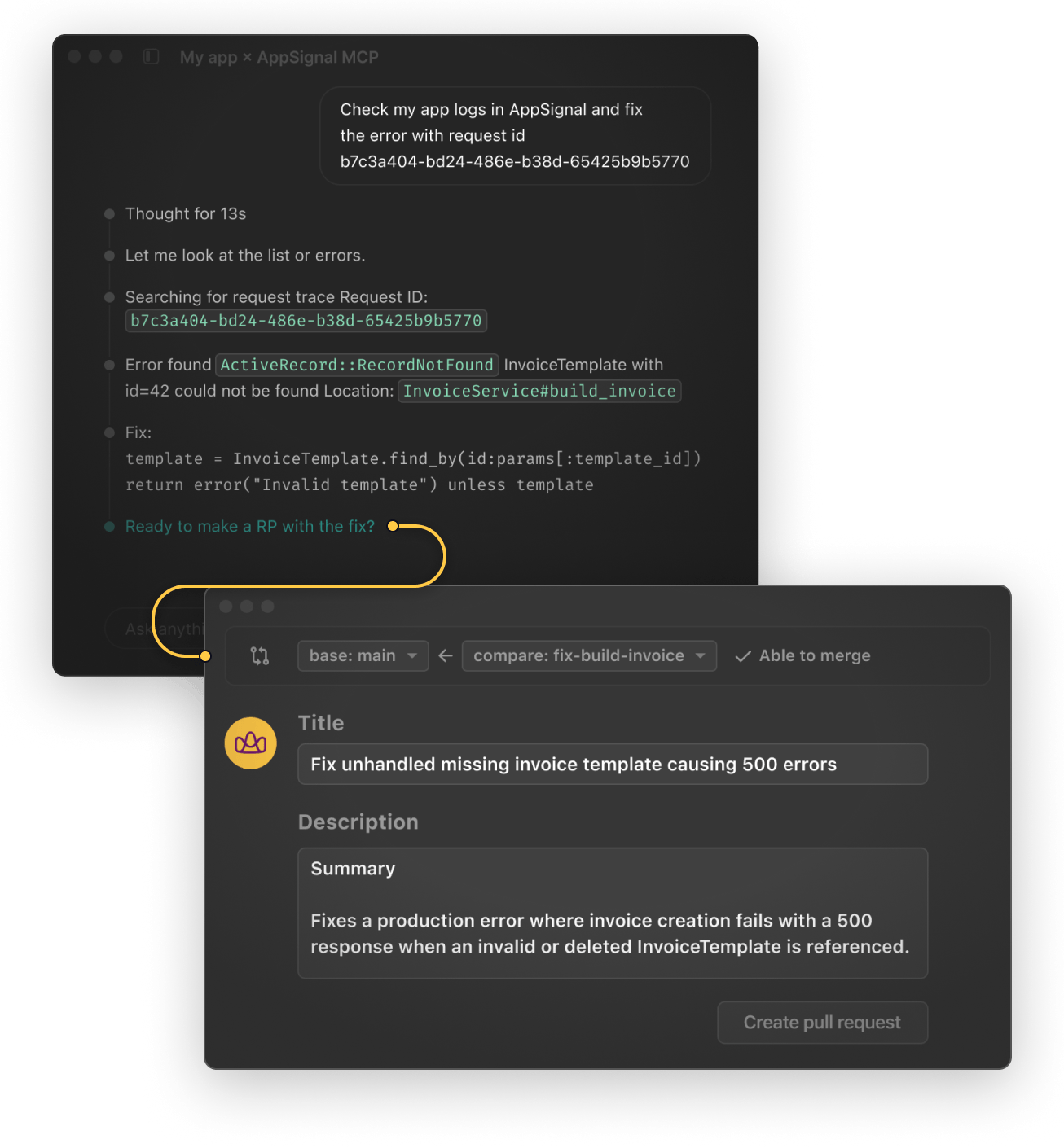 AppSignal AI-assisted fix workflow showing an error with a proposed code fix