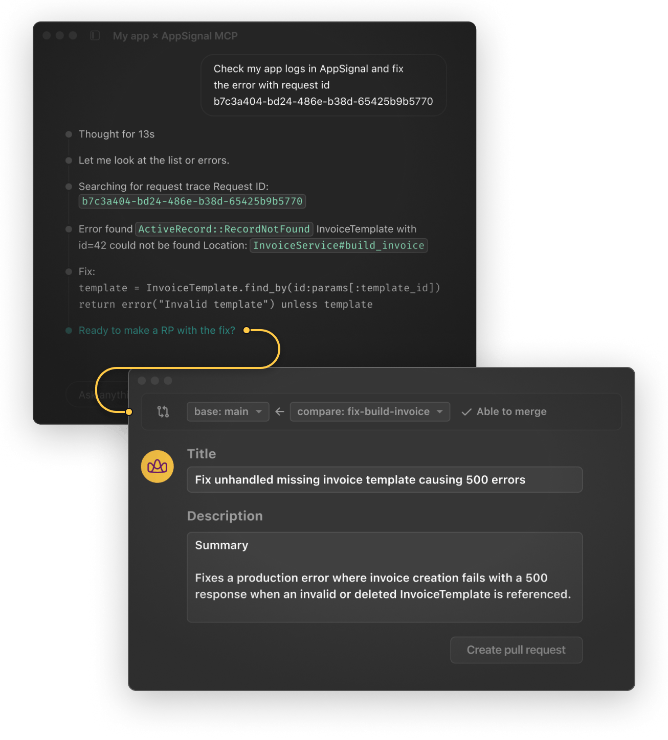 AppSignal AI-assisted fix workflow showing an error with a proposed code fix