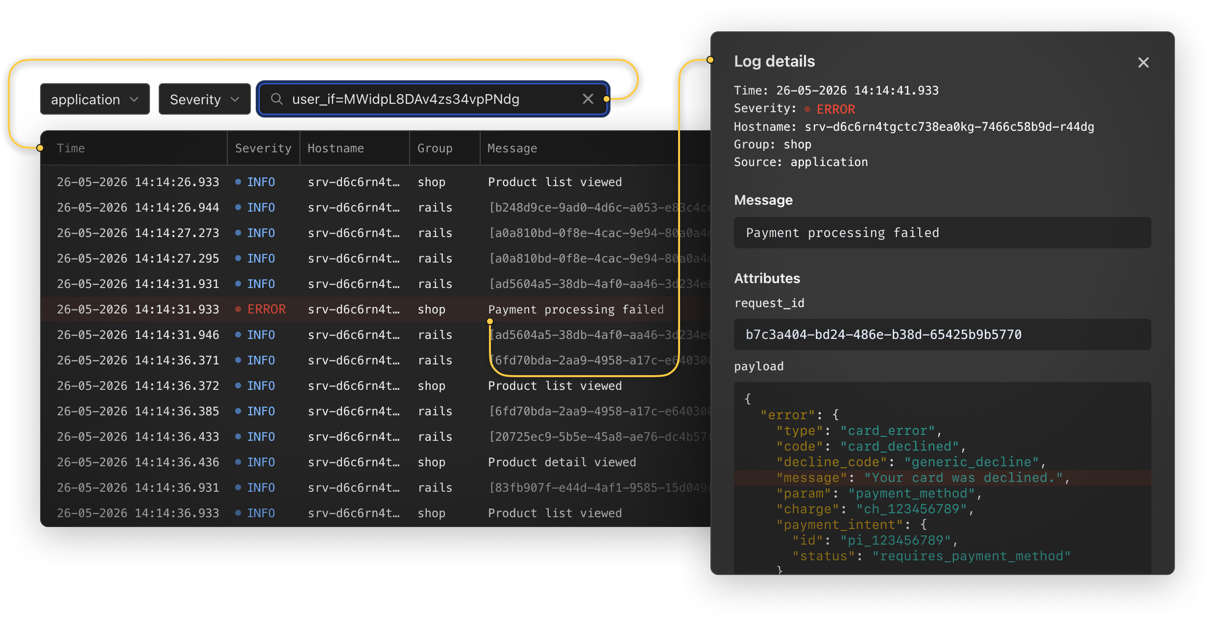 AppSignal debugging view with correlated error traces and log lines