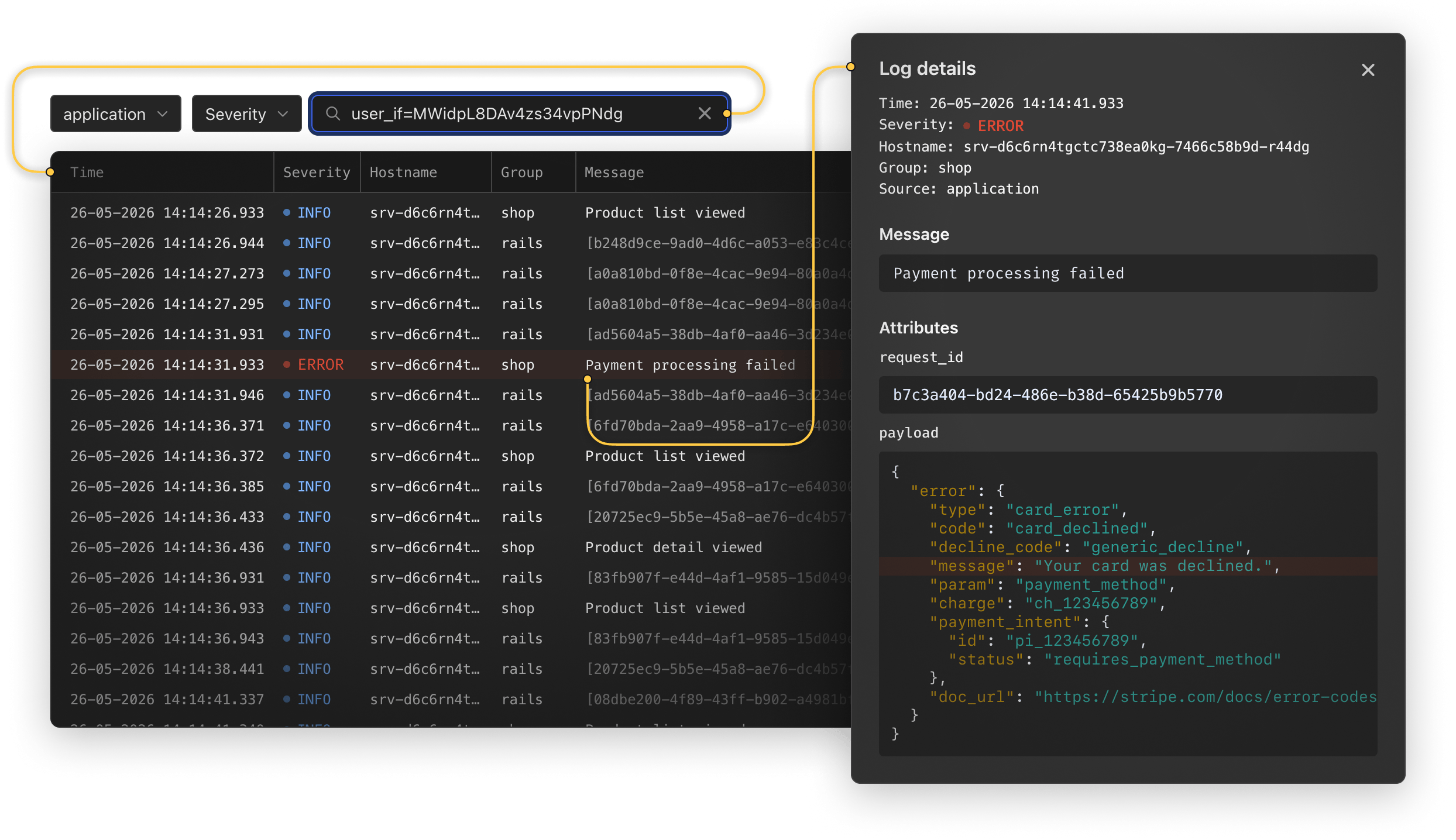 AppSignal debugging view with correlated error traces and log lines