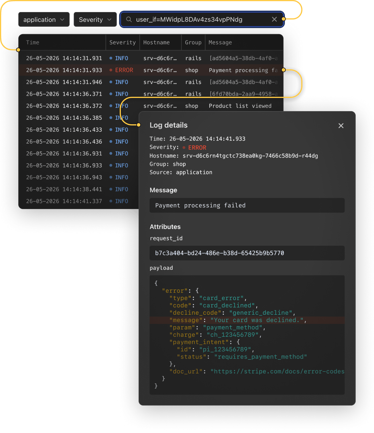 AppSignal debugging view with correlated error traces and log lines