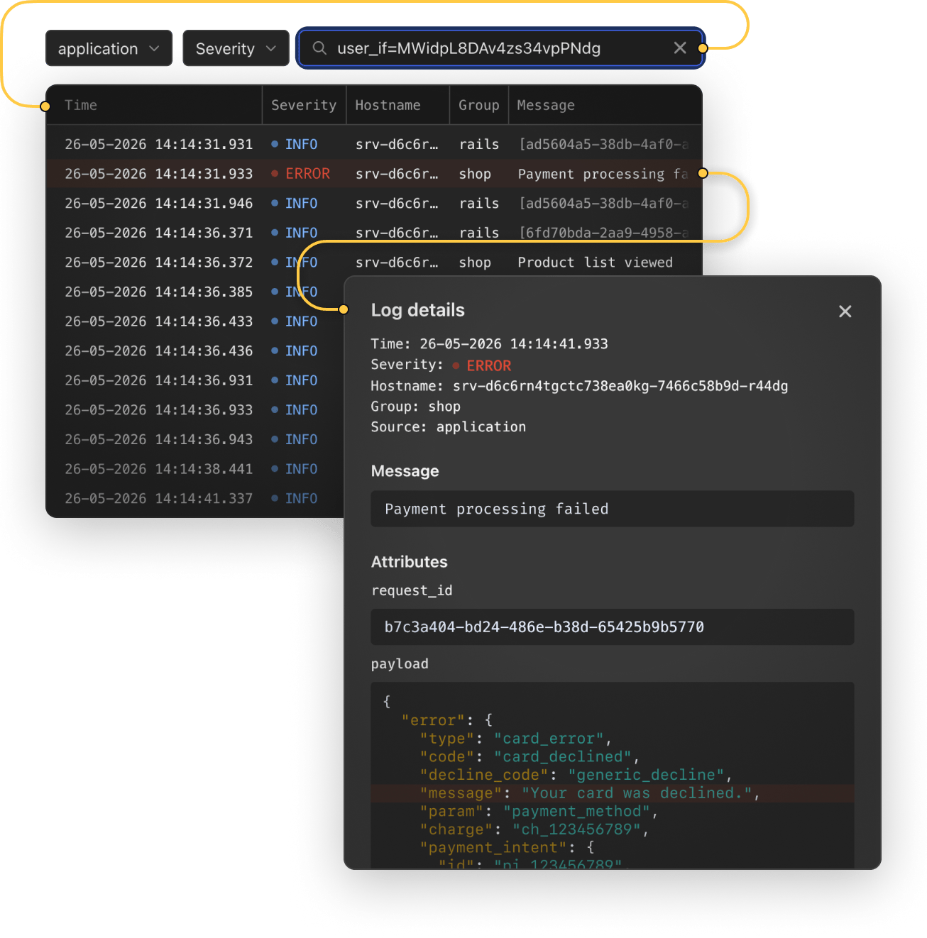 AppSignal debugging view with correlated error traces and log lines