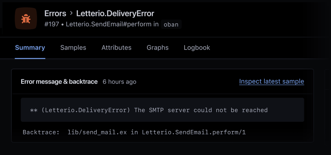 Screenshot of Oban error summary.