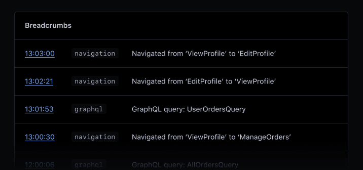 Breadcrumbs showing error context in AppSignal.