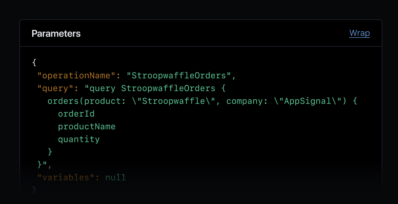 Screenshot of GraphQL query parameters shown for performance incident in AppSignal.