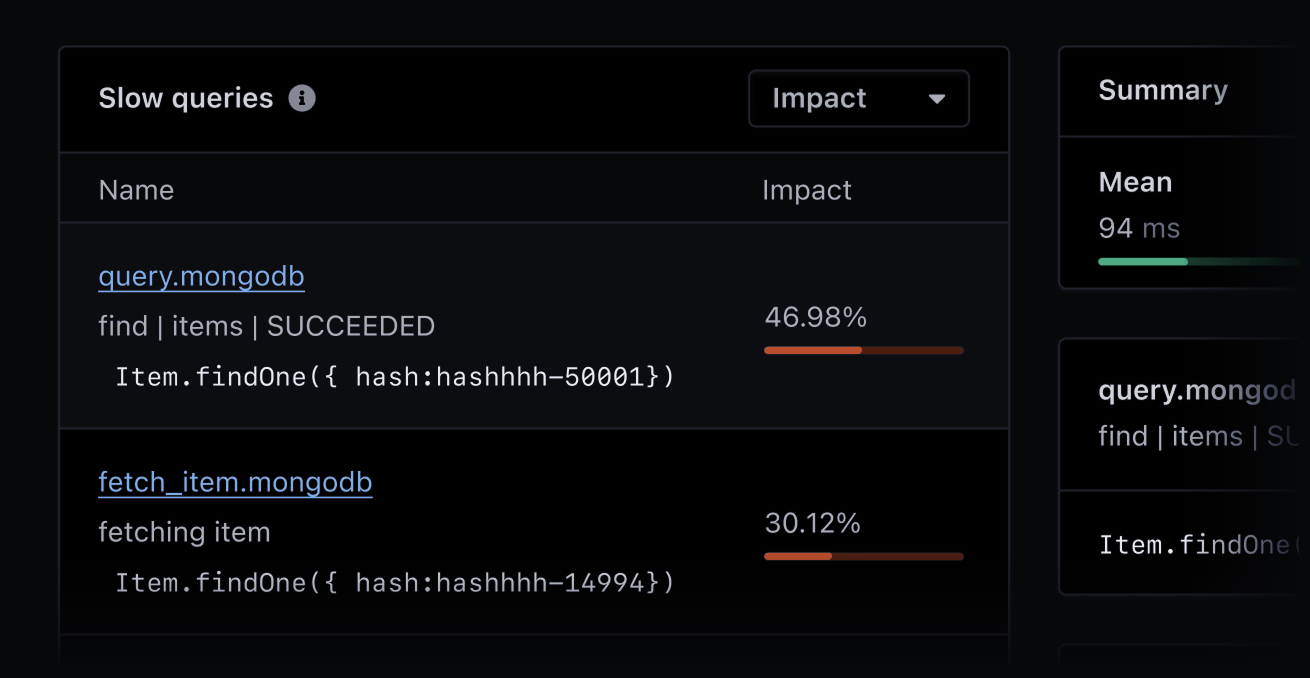 Screenshot of an overview of slow MongoDB queries.