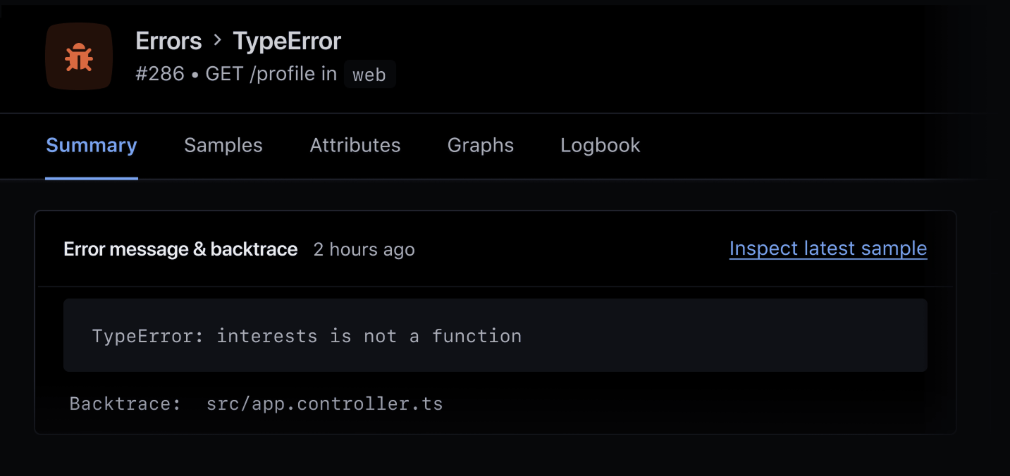 Screenshot of Nest.js error incident in Appsignal.