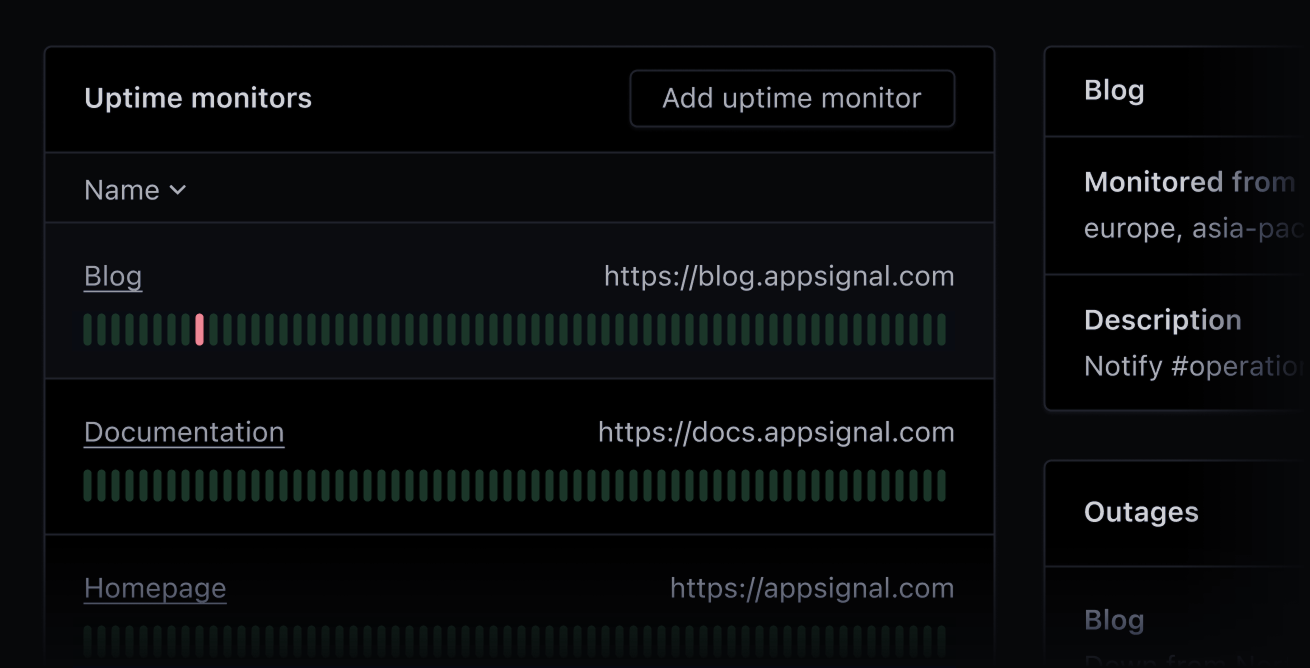 Screenshot of AppSignal uptime monitoring.