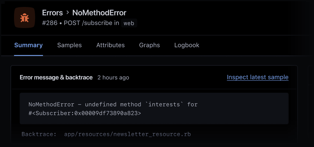 Rails error incident summary.