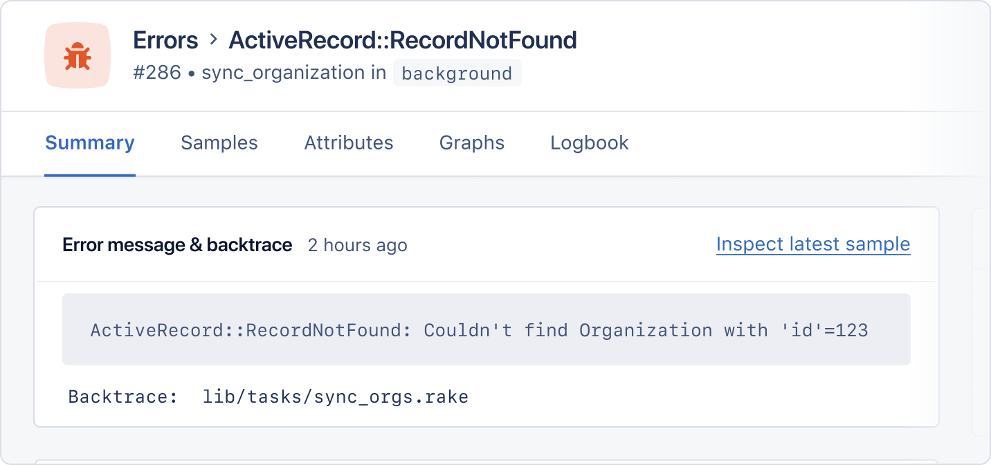 Error summary showing Rake error message and backtrace.