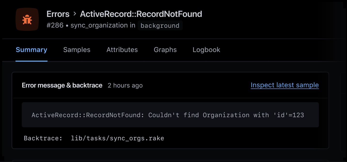 Error summary showing Rake error message and backtrace.